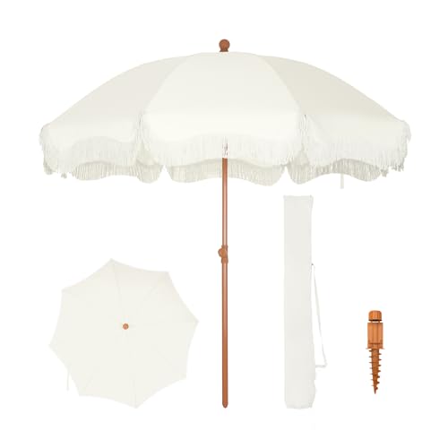 PHI VILLA Sonnenschirm Balkon Sonnenschutz 200 cm Knickbar Rund mit Fransen, Boho Strandschirm...