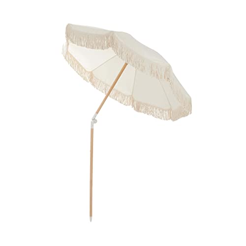BUTLERS Sonnenschirm mit Fransen Ø180cm knickbar, Holzstange Ø 3,2cm und UV-Schutz 80 -Boho...