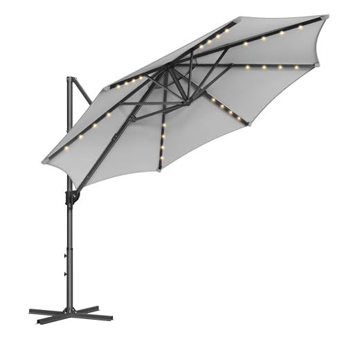 SONGMICS Sonnenschirm, Ampelschirm, 300 cm, 28 Solar-LED-Leuchten, UPF 50+, Gartenschirm, um 360°...