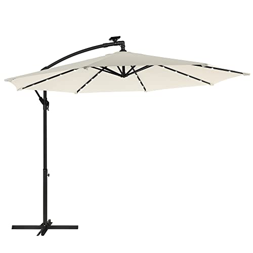 SONGMICS Sonnenschirm mit LED-Solar-Beleuchtung, Ampelschirm, 32 LED-Lämpchen, Ø 300 cm, mit...