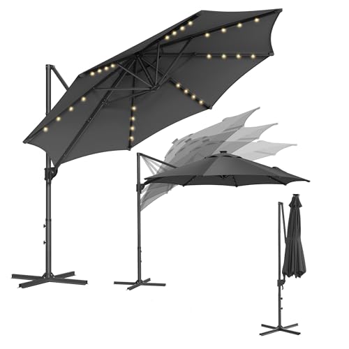 SONGMICS Sonnenschirm, Ampelschirm, 300 cm, 28 Solar-LED-Leuchten, UPF 50+, Gartenschirm, um 360°...