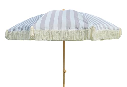 Sonnenschirm Strandschirm Schirm GRAU weiß gesteift mit Fransen UV Schutz Ø 180 cm