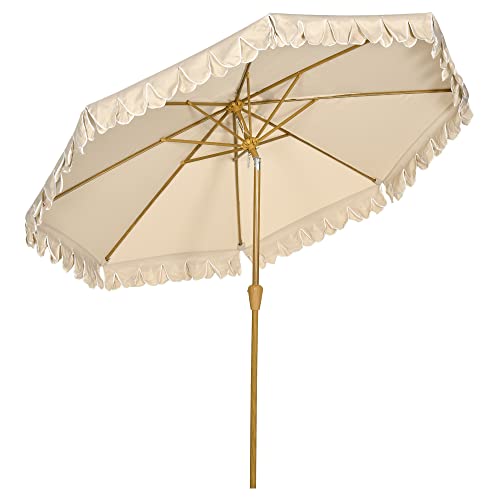 Outsunny Sonnenschirm, Ø264 cm Strandschirm mit Fransen, Terrassenschirm mit verstellbarer Neigung,...