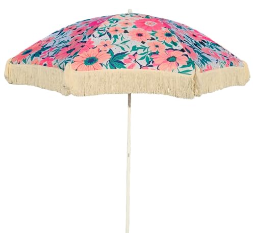 Meinposten Sonnenschirm Strandschirm Schirm UV Schutz mit Tasche Fransen Blumen Ø 155 cm (Creme)