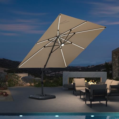 PURPLE LEAF Sonnenschirm 300 x 300 cm, Aluminium Ampelschirm mit Solar LED Beleuchtung, Gartenschirm...