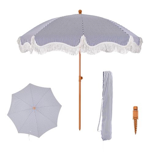 PHI VILLA Sonnenschirm Balkon Sonnenschutz 200 cm Knickbar Rund mit Fransen, Boho Strandschirm...