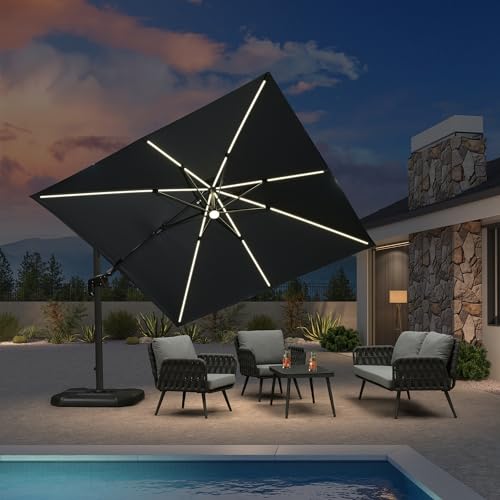 PURPLE LEAF Ampelschirm 300 x 300 cm Sonnenschirm mit LED Beleuchtung, Neigbar Kippbar Gartenschirm...
