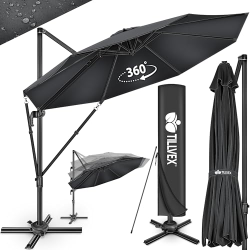 tillvex Premium Alu Sonnenschirm 330 cm + Abdeckung & Windsicherung | Ampelschirm 6-Fach Verstellbar...