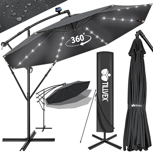 tillvex Alu Ampelschirm LED Solar Ø 300 cm mit Kurbel + Abdeckung | Sonnenschirm mit...
